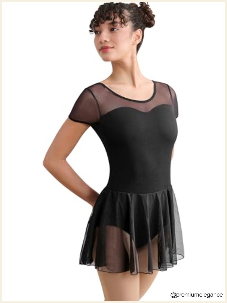 Women Long Sleeve Dance Leotard V-Mesh Mock Neck With Skirt